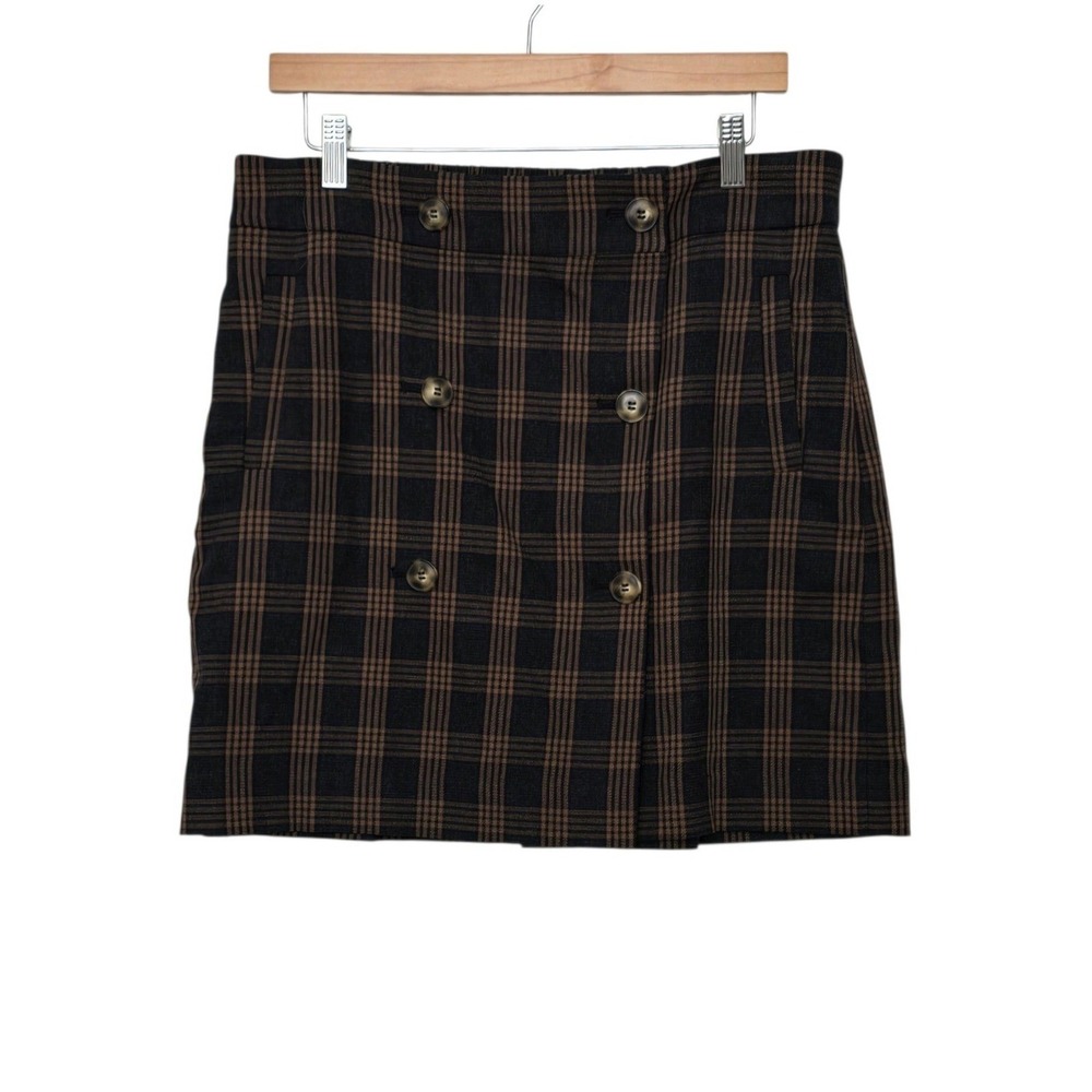 Madewell Womens Brown Black Plaid Double Breasted Mini Skirt Size L Elastic Back
